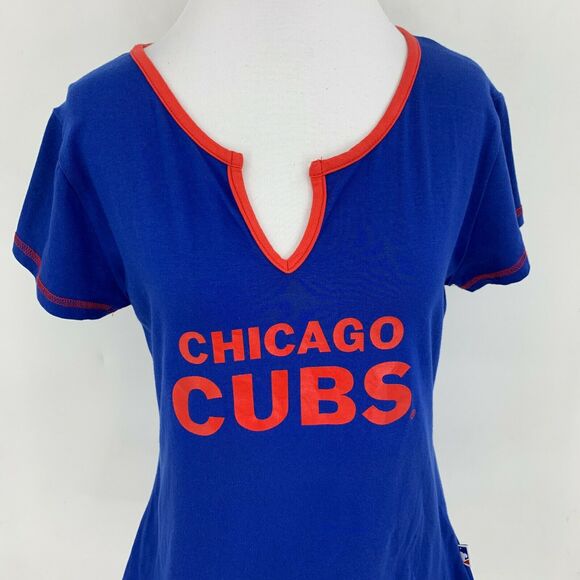 Vintage Chicago Cubs Shirt Women XS Youth Size XL Red Trim Notch Neck Blue Tee - Picture 3 of 10